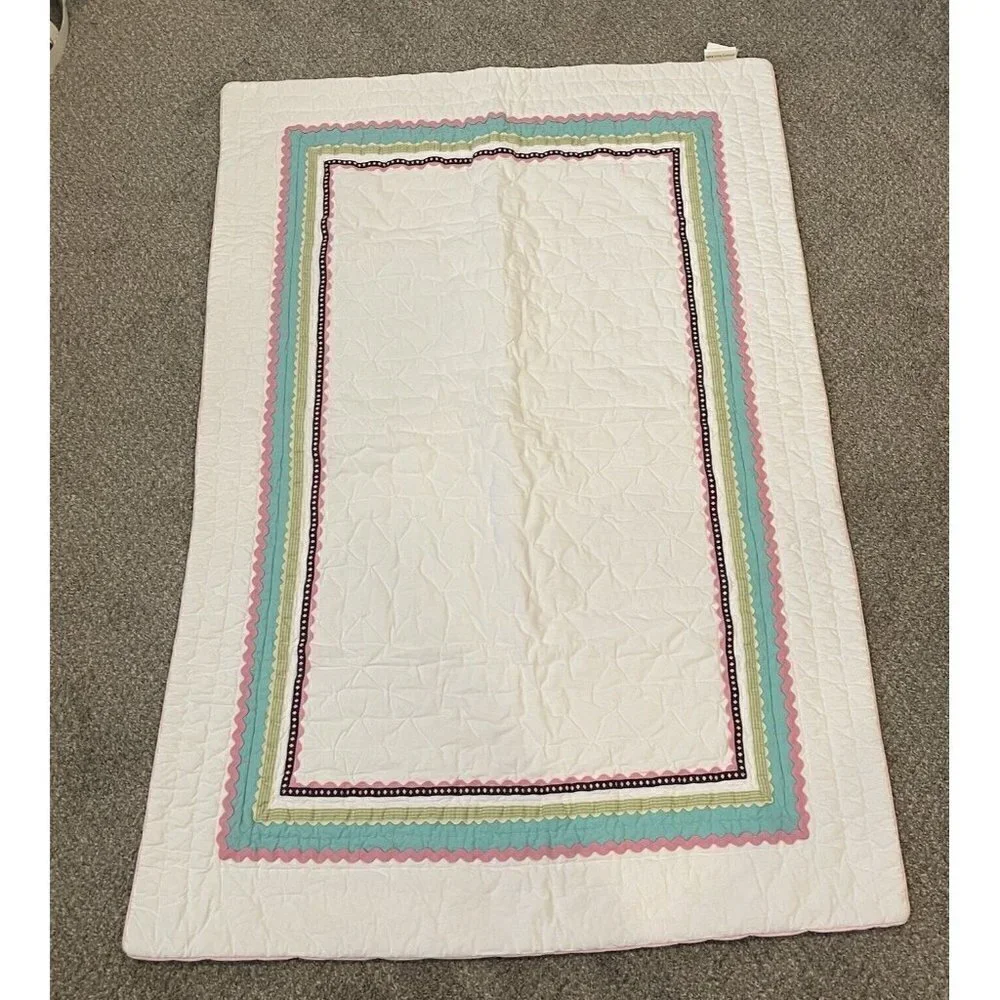 pottery barn kids girls crib comforter stripes pink green Brown reversible